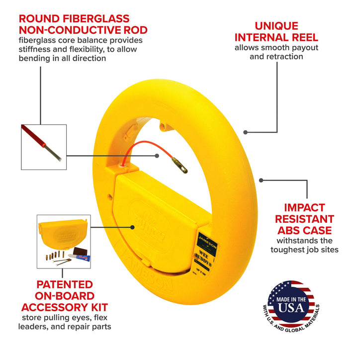 Wee Buddy Fiberglass Fish Tape w/ Accessory Kit - 1/8" x 150' (MPN 8-18-150K)