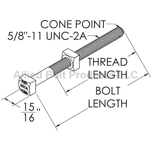 5/8" Square Head Machine Bolt with Nut (Cone Point) - 5/8" X 10" (MPN 8222)