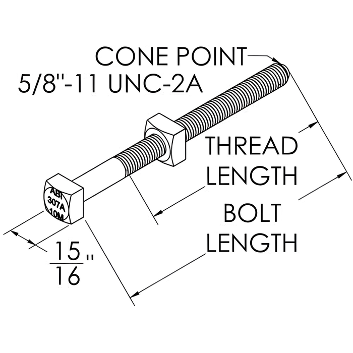 Square Head Machine Bolt with Nut (Cone Point) - 5/8" X 10" (MPN 8222)